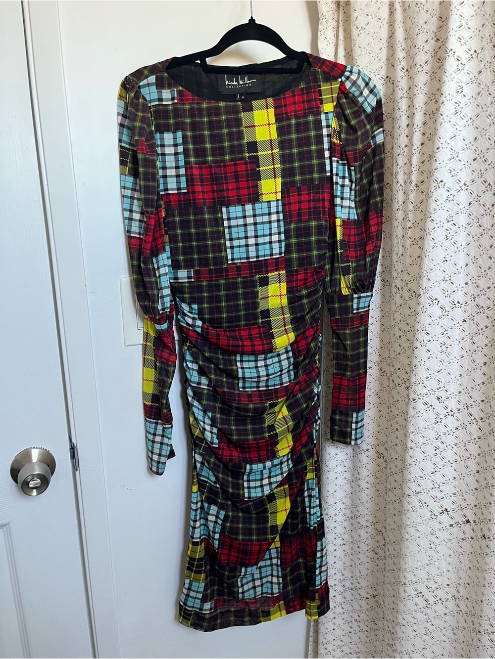 Nicole Miller Patchwork Ruched Mesh Multicolor Plaid Long Sleeve Dress Sz M